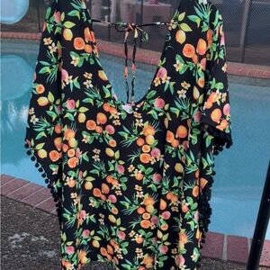 Xhilaration Black Orange Floral Fruit-Print Swim Coverup